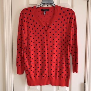 Ellen Tracy Red Cardigan with Navy Polka Dots